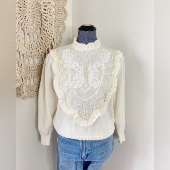 Vintage 90s Beaded Embroidered Elegant White Lace Sweater Size Small - Picture 1 of 4